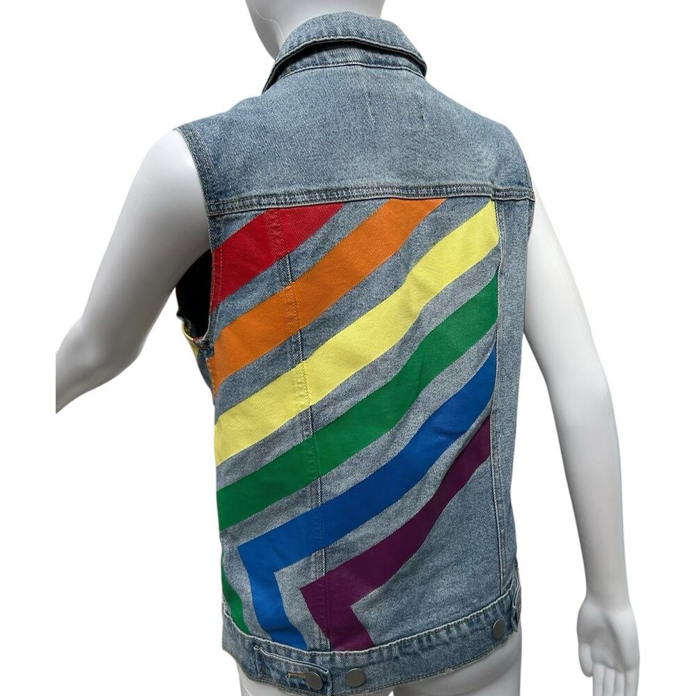 Unisex Rainbow Pride Collection LGBTQ Stonewashed Sleeveless Blue Denim Vest - Picture 4 of 11